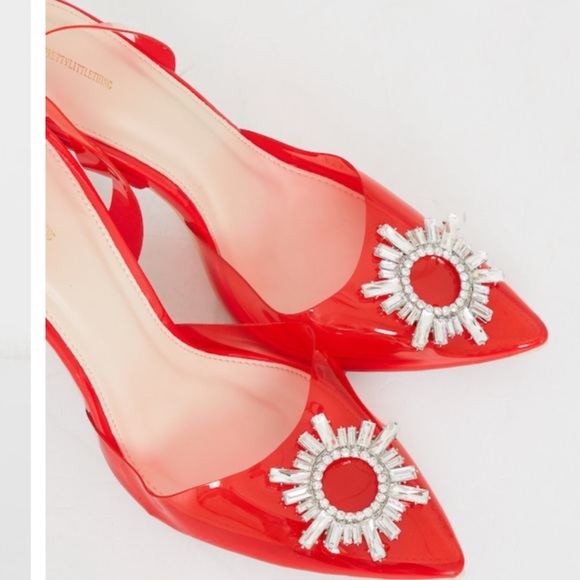 PRETTYLITTLETHING Red Clear Diamante Slingback Cake Stand High Heels - Picture 4 of 4